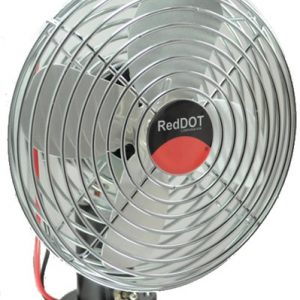 Front view of dash mount fan with metal cage and wires