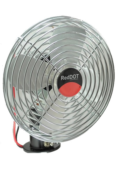 Front view of dash mount fan with metal cage and wires