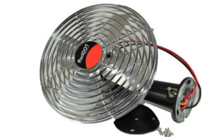 Fan on its side showing mounting bracket and screws
