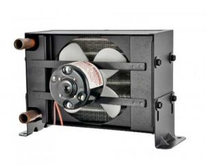 Back view of heater showing fan and condenser