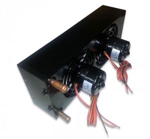 Back angle view of fan motors, wires, and copper connector tubes