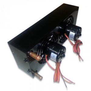 Back angle view of fan motors, wires, and copper connector tubes