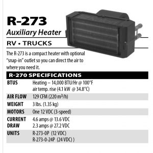 R-270 product specifications with small picture of heater