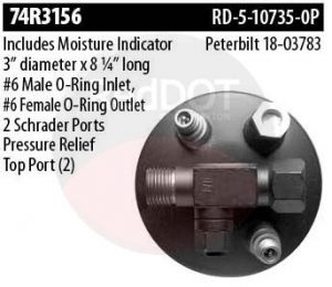 Product image Red Dot Peterbilt 18-03783 receiver drier top view with specs